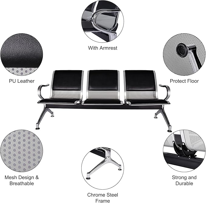 Kinfant 3-Seat Waiting Room Bench Set- PU Leather Office Chair Guest Reception Waiting Room Chair for Airport, Hospital, Bank, Salon, Barbershop, Black(Set of 4)