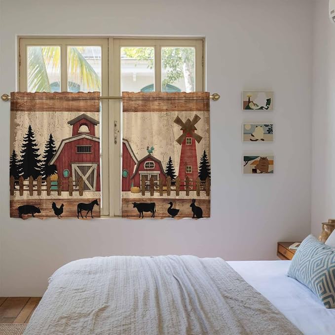 Brown Farmhouse Kitchen Curtains, Vintage Country Animals Wooden Grain Light