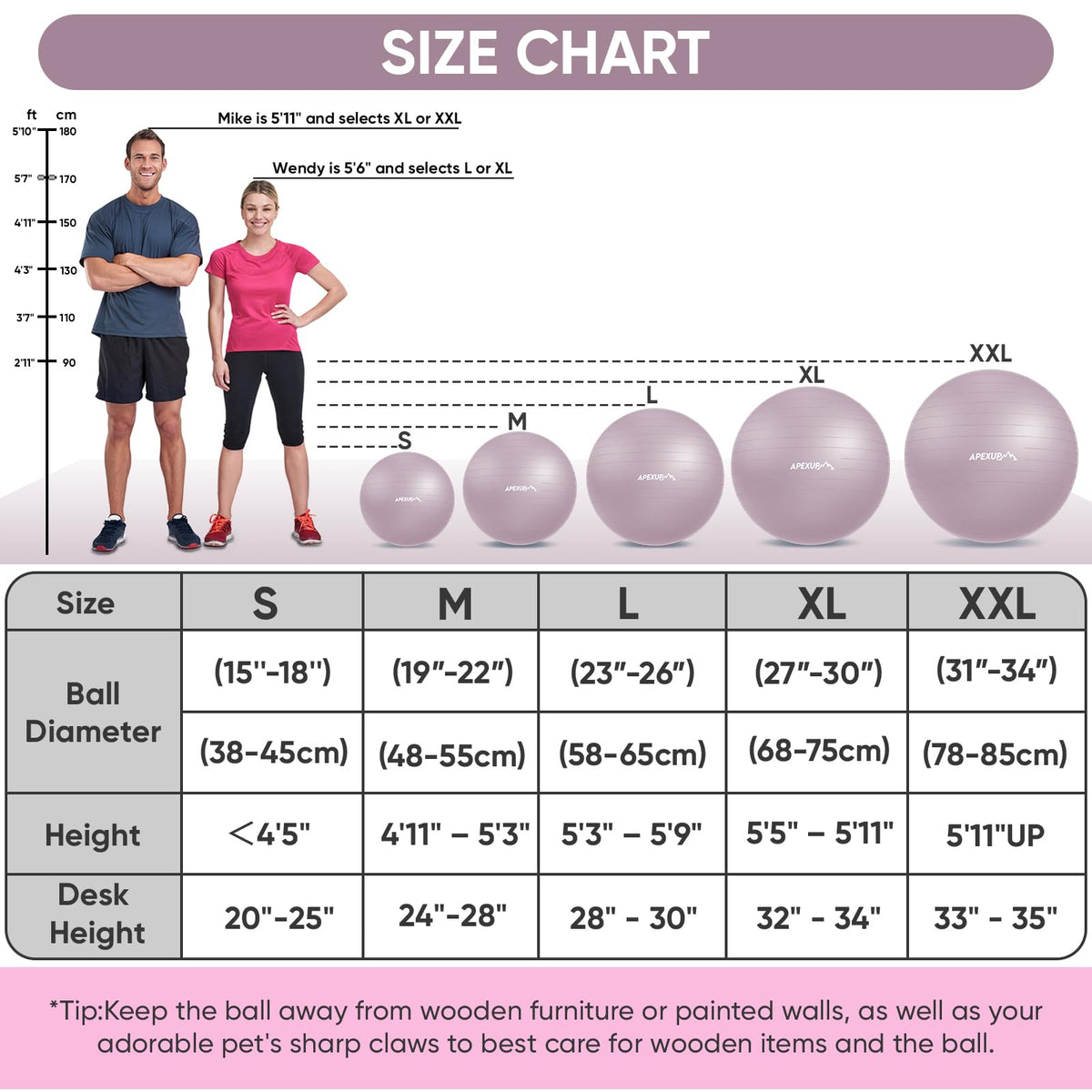 APEXUP Yoga Ball, 660 lbs Anti-Burst Exercise Ball with Pump, 5 Sizes (XL (27"~30") 75cm, Mauve)