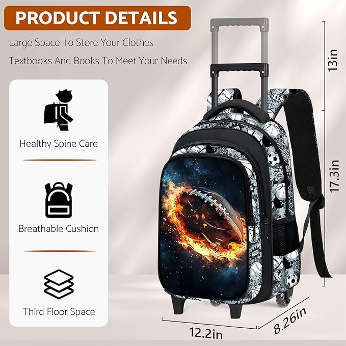 Boys Rolling Backpack for Kids - American Football Kids Rolling Backpack with Wheels for Elementary Middle School Students - Roller School Bookbag Aged 6-18, Wheeled Travel Bag Large Capacity