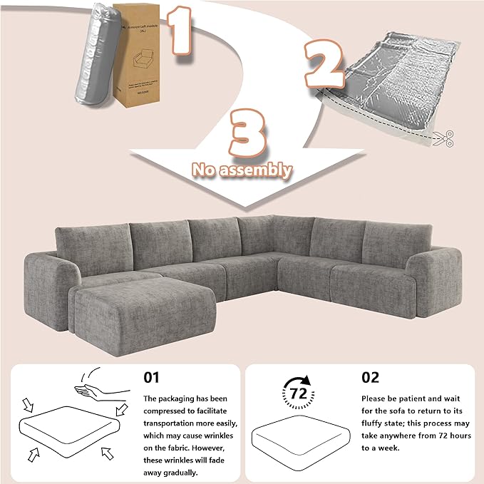 EASE MOOSE Sectional Cloud Couch Oversized for Living Room,7-Seat Modular Boneless Sofa U-Shaped Sofa with Ottoman, No-Assembly Chenille Couch, Light Grey