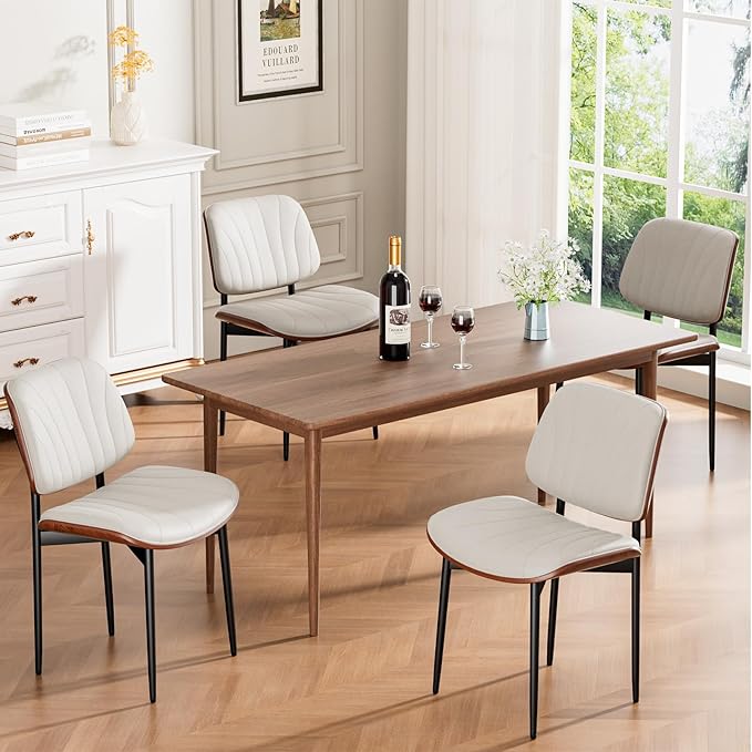 Dining Chairs Set of 4, Mid-Century Modern Upholstered PU Leather Chairs with Walnut Bentwood Back and Metal Legs Adjustable Feet for Kitchen Dining Room, Off-White Shell Strips