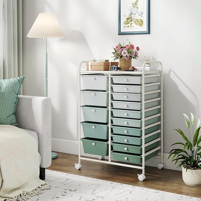 COSTWAY 15 Drawer Rolling Storage Cart, Mobile Utility Cart with Lockable Wheels, Drawers, Multipurpose Organizer Cart for Home, Office, School, Gradient Green