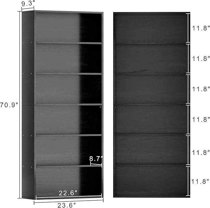 JAMFLY Narrow Tall Bookshelf 6 Shelf Bookcase Vertical Storage, Slim Profile Tall Narrow Storage Unit for Home Office, Living Room, Bedroom, Black, Set of 2