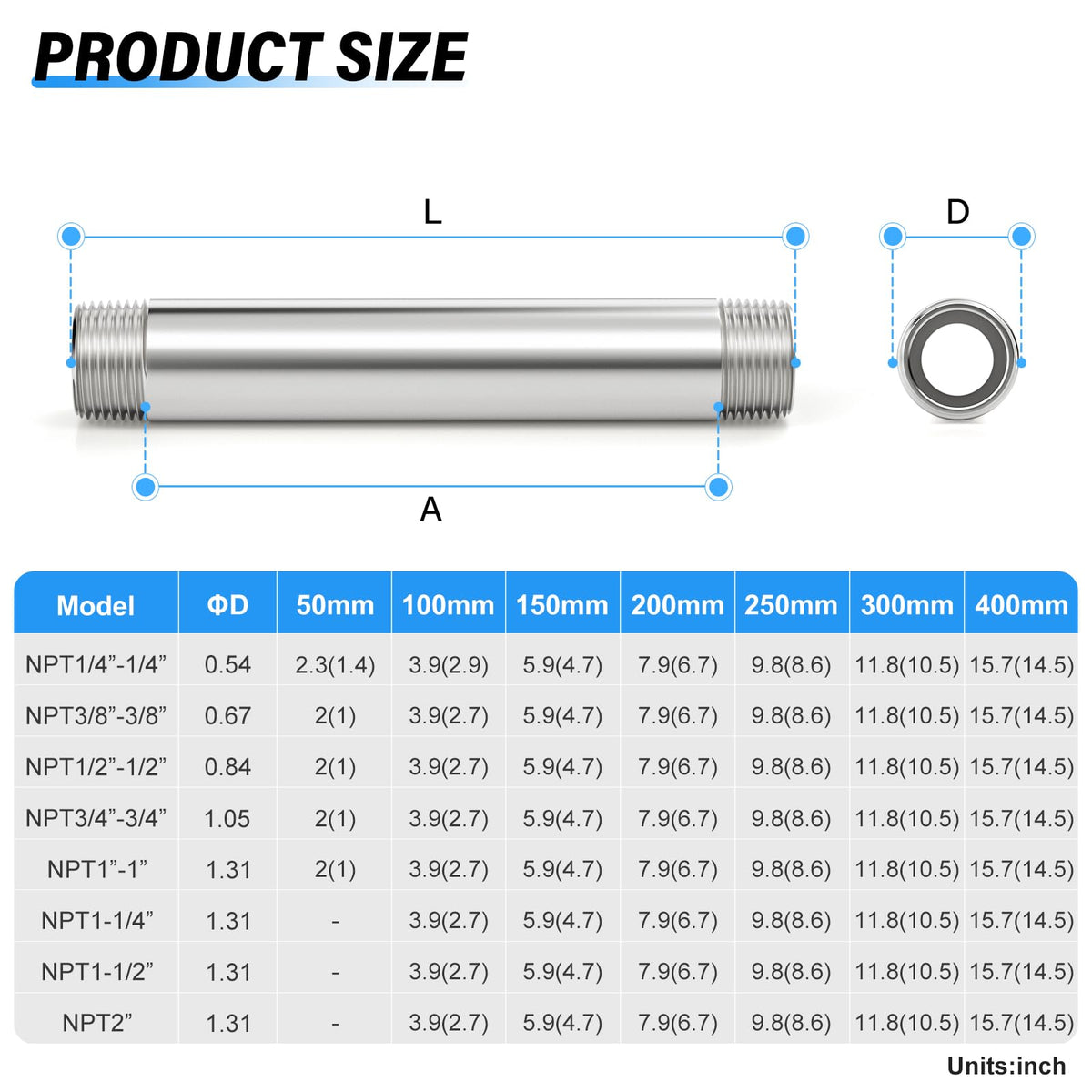 TAILONZ PNEUMATIC 2" NPT Male x 2" NPT Male 304 Stainless Steel Pipe Nipple, 10" Length Cast Pipe Fitting, Threaded Connector（Pack of 2）