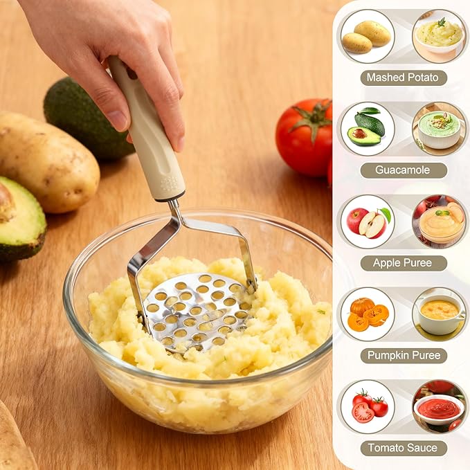 Vriysei Potato Masher Stainless Steel, 2pcs Heavy Duty Mashed Potato Mashers - Masher Kitchen Tool & Food Mashers for Potatoes, Beans, Avocado, Meat, Vegetables Dishwasher Safe