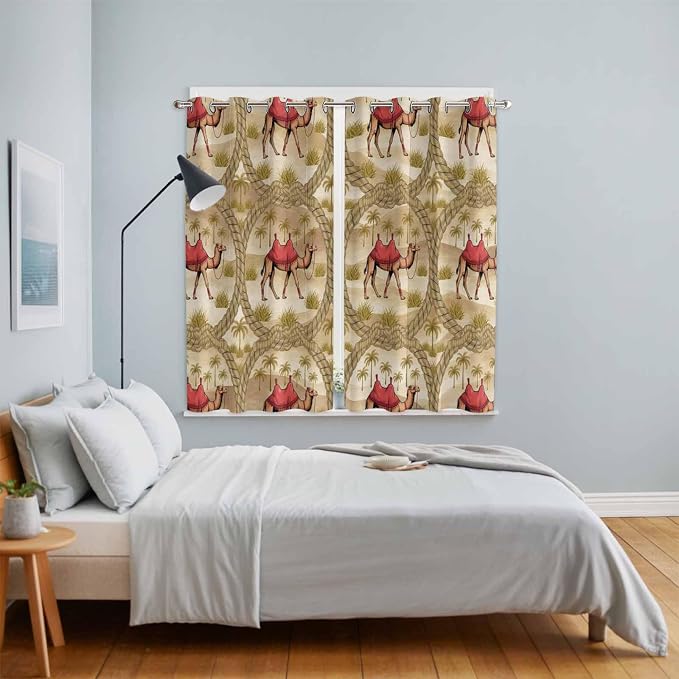 2 Panel Kitchen Cafe Curtains, Desert Camels Sunlight Filtering Nature Air