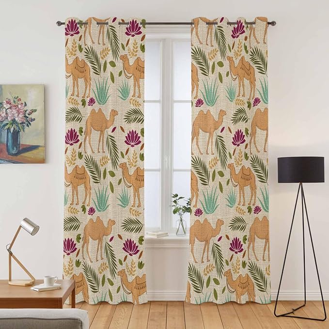 2 Panel Kitchen Cafe Curtains, Desert Camels Sunlight Filtering Nature Air