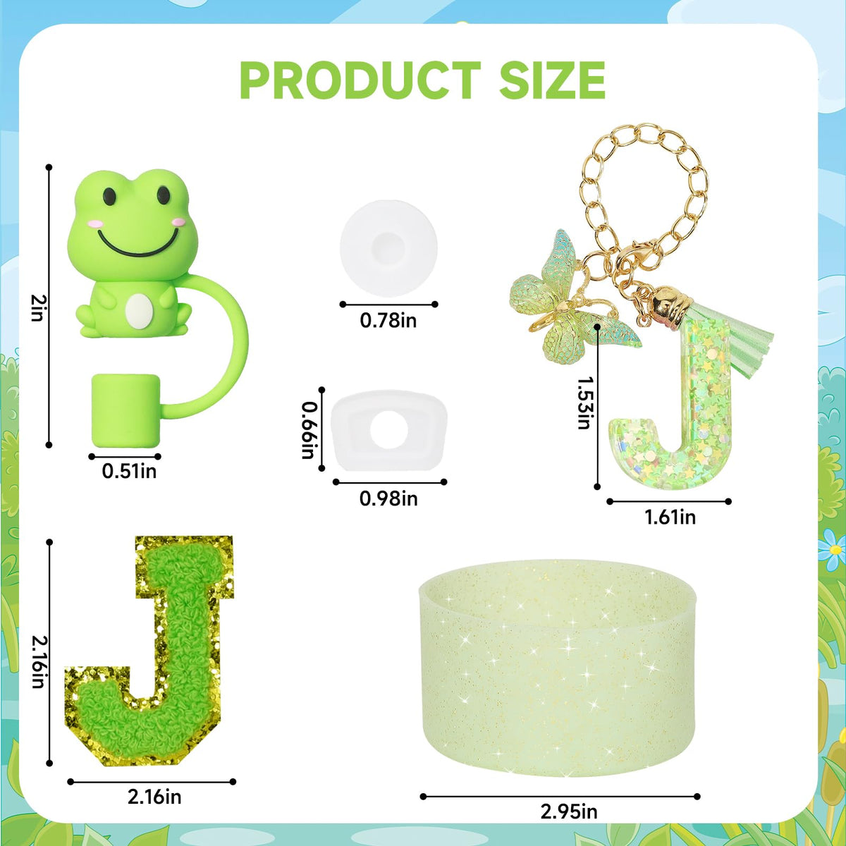 Liangang 8PCS Green Cup Accessories Set For Stanley 30oz 40oz,Including Boot,Spill Proof Stopper,2PCS Stanley Straw Cover and 2PCS Sticker Letter (Letter J)