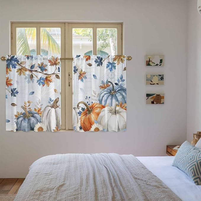 Fall Blue Maple Kitchen Curtains 45 Inch Long 2 Panel Set, Rod Pocket Window