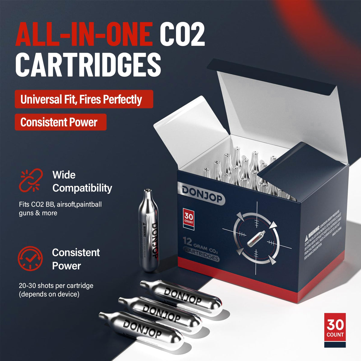 DONJOP 30Pack 12G CO2 Cartridges Non-Threaded, CO2 cartridges BB Gun, CO2 BB Pistol, CO2 Airsoft Pistol, and CO2 Paintball Markers,Snug Fit & Solid Seal