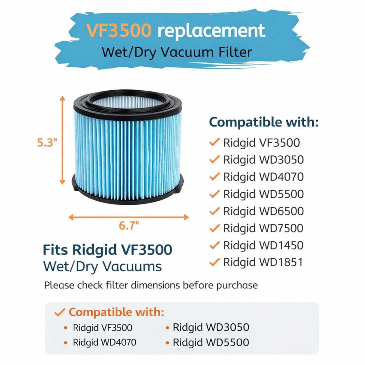 Nispira VF3500 Vacuum Filter Replacement Compatible with Ridgid Wet/Dry Vac 3-Layer Filters WD4050 WD4070 WD4522, 2 Pack