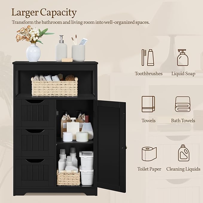 Yaheetech Bathroom Floor Cabinet, Free Standing Wooden Storage Cabinet Multiple Tiers Storage Organizer for Bathroom/Living Room/Entryway, Black