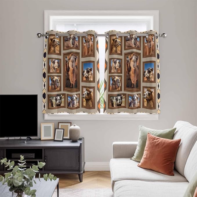 2 Panel Kitchen Cafe Curtains, Desert Camels Sunlight Filtering Nature Air