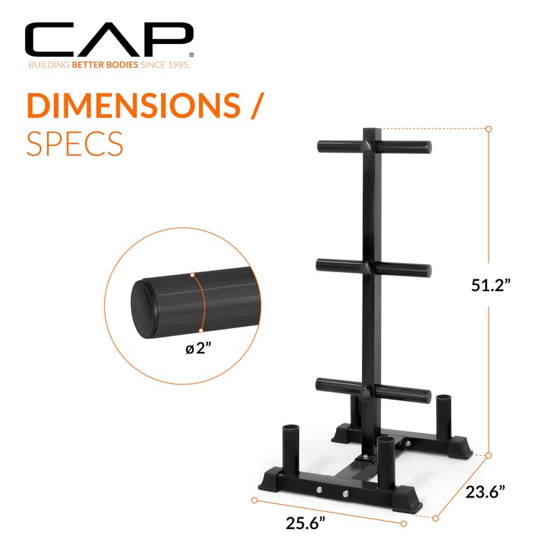 CAP Olympic Bumper Plate Tree Rack with 6 Weight Plate Posts & 4 Barbell Holders, Heavy-Duty Steel Plate Storage Rack for Home Gym, Black, 660 lb Capacity
