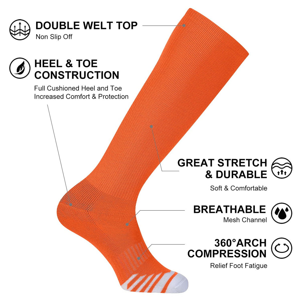 FITRELL 2 Pack Baseball Soccer Softball Socks for Kids Youth Men & Women Over-the-Calf Knee High Socks, Orange, Small