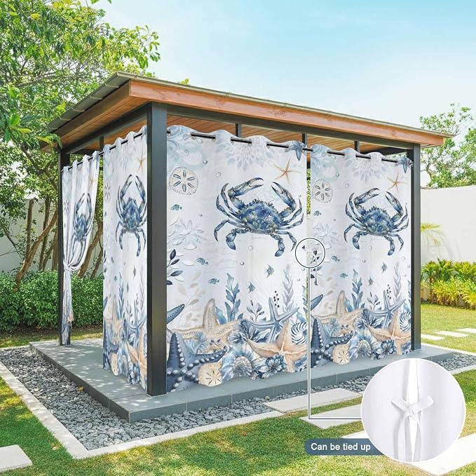 Oceans Outdoor Curtains for Patio Crabs Marine Life Shell Starfish Blue