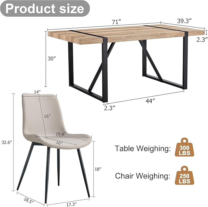 Dining Table Chairs Set for 6, Modern Rectangular Dining Room Table Set Upholstered Dining Chairs 71" Dinner Table Set for Kitchen (Brown Table & Grey2 Chairs, 71 Inch Table + 6 Chairs)