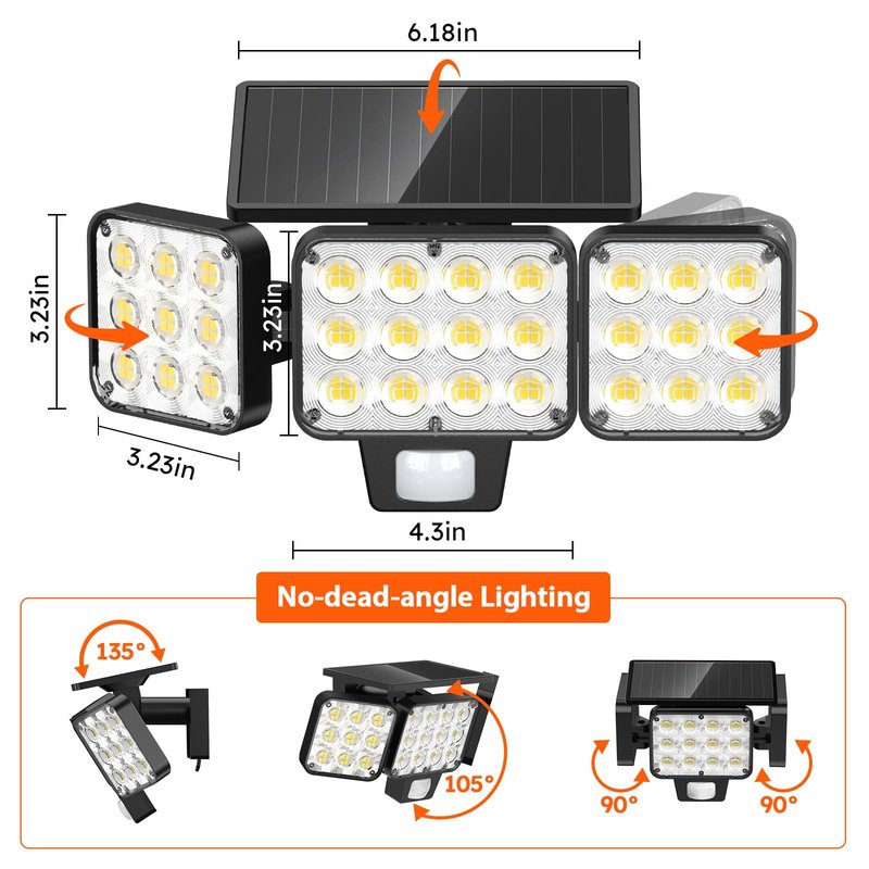WdtPro Solar Lights Outdoor Flood Light, 3500LM Bright Motion Sensor Outdoor Lights, 3 Heads & Upgrade Glass Panel, LED Solar Powered Security Light Spotlights Waterproof for Outside Yard-2Pack