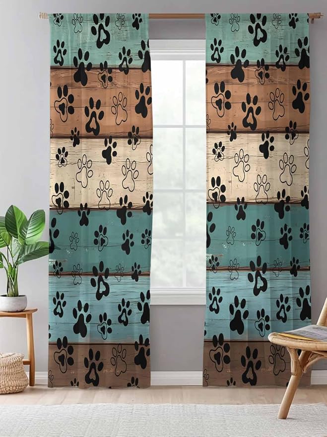 Sheer Curtains 108 Inches Long, Vintage Farmhouse Country Wooden Grain Privacy
