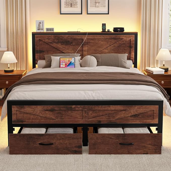 Rustic Full Size Bed Frame with Storage Drawers and Barn Door Headboard, Farmhouse LED Bed Frame Full with Charging Station, Metal Industrial Platform Bed Frames, No Box Spring Needed, Brown