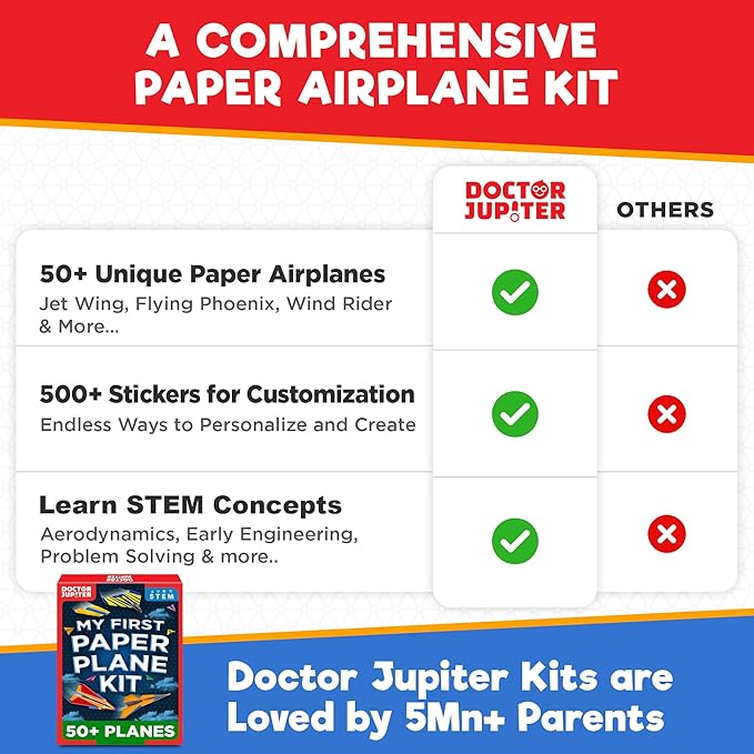 Doctor Jupiter My First Paper Airplane Book Kit for Kids Ages 6+ | Make & Fly 50+ Paper Airplanes with 500+ Stickers |Birthday Gift Ideas for 6-7-8-9-10 Year Old Boys & Girls | Airplane Toy, Craft Kit