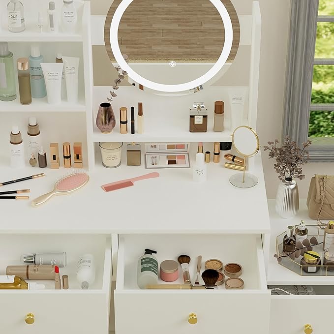 Makeup Vanity Desk with Mirror & LED Lights, Cushioned Chair, Vanity Table Set for Bedroom with 5 Storage Drawers, Stylish Dressing Table with 3 Color Lighting for Girls & Makeup Enthusiasts