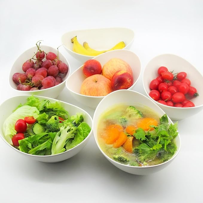 Oval Salad Bowls 34oz, Bamboo Fiber Serving Bowls Set of 6, Individual Salad Bowls for Kitchen Eating Restaurant, Deep Soup Bowls for Salad,Fruit,Pasta,Vegetable, Dishwasher Safe, Matte White