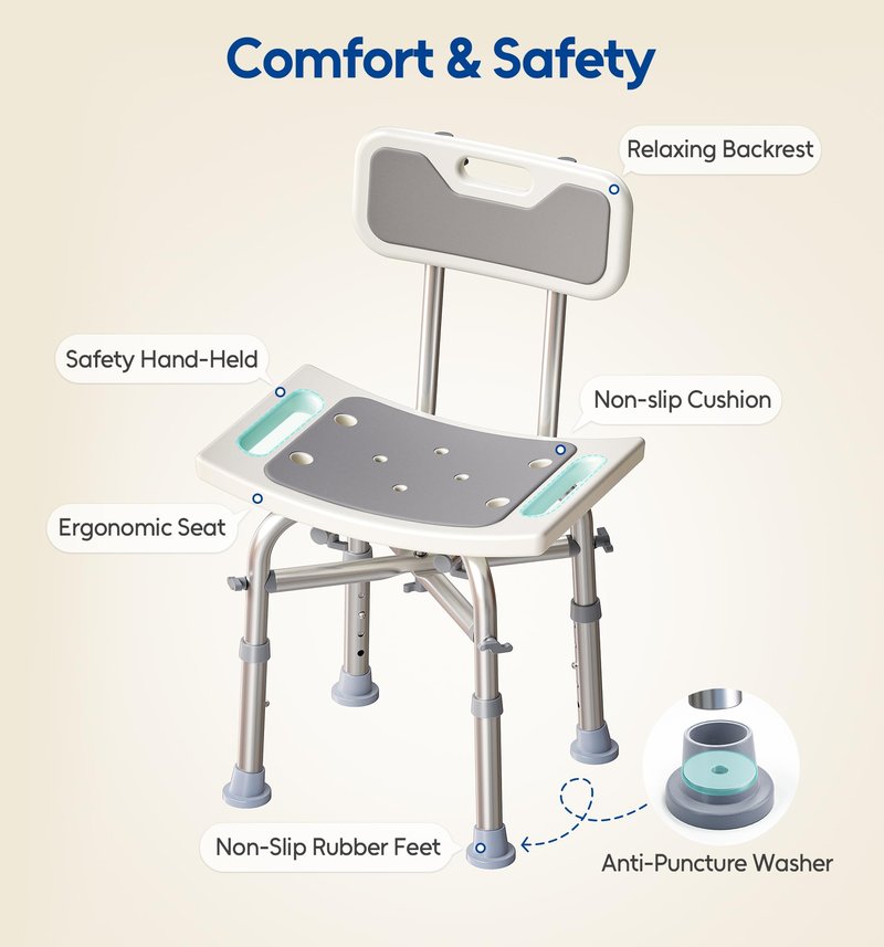Bluelog Shower Chair with Back for Elderly and Disabled, Shower Seat Bench Stool, Adjustable Height, 350 lbs Capacity, Rectangular