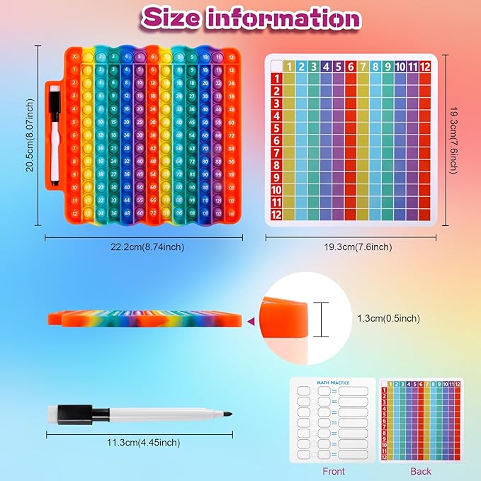 e3 Multiplication Table Game Pop Fidget Learning Toy Educational Math Game Board with Marker Rainbow Colors Educational Multiplication pop 12x12 Board Math Addition Stress Toy