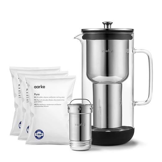 Aarke Purifier Regular 1.18L Glass Pitcher Bundle w/Steel Filter, 4 Pure Refill