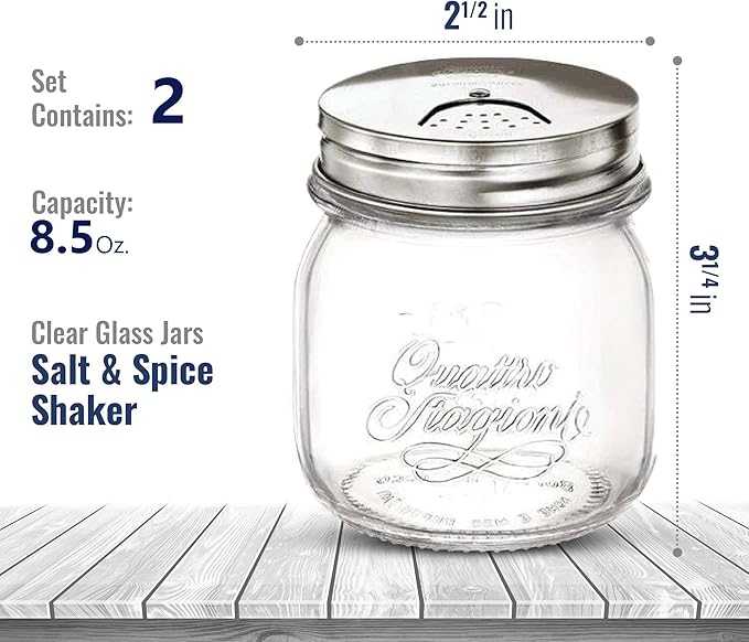 Bormioli Rocco Quattro Stagioni Mason Jar with Salt Shaker Lid - ClearSilver, Set of 2