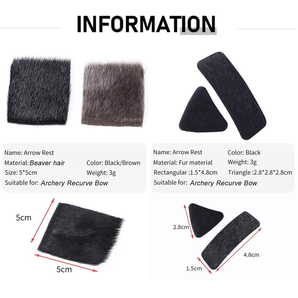 SPG Archery Hair Arrow Rest - 4 Packs All-Natural Fur Adhesive Shelf Rests Leather Plates Stick-ON Traditional Bow Rest for Longbow Recurve Bow Outdoor Hunting Shooting Practice (Black)
