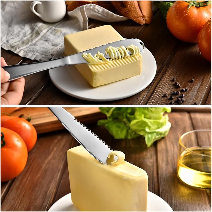 RASRIA 3-in-1 Stainless Steel Butter Knife for Cold & Hard Butter – Butter Spreader, Curler & Slicer with Crescent Hole