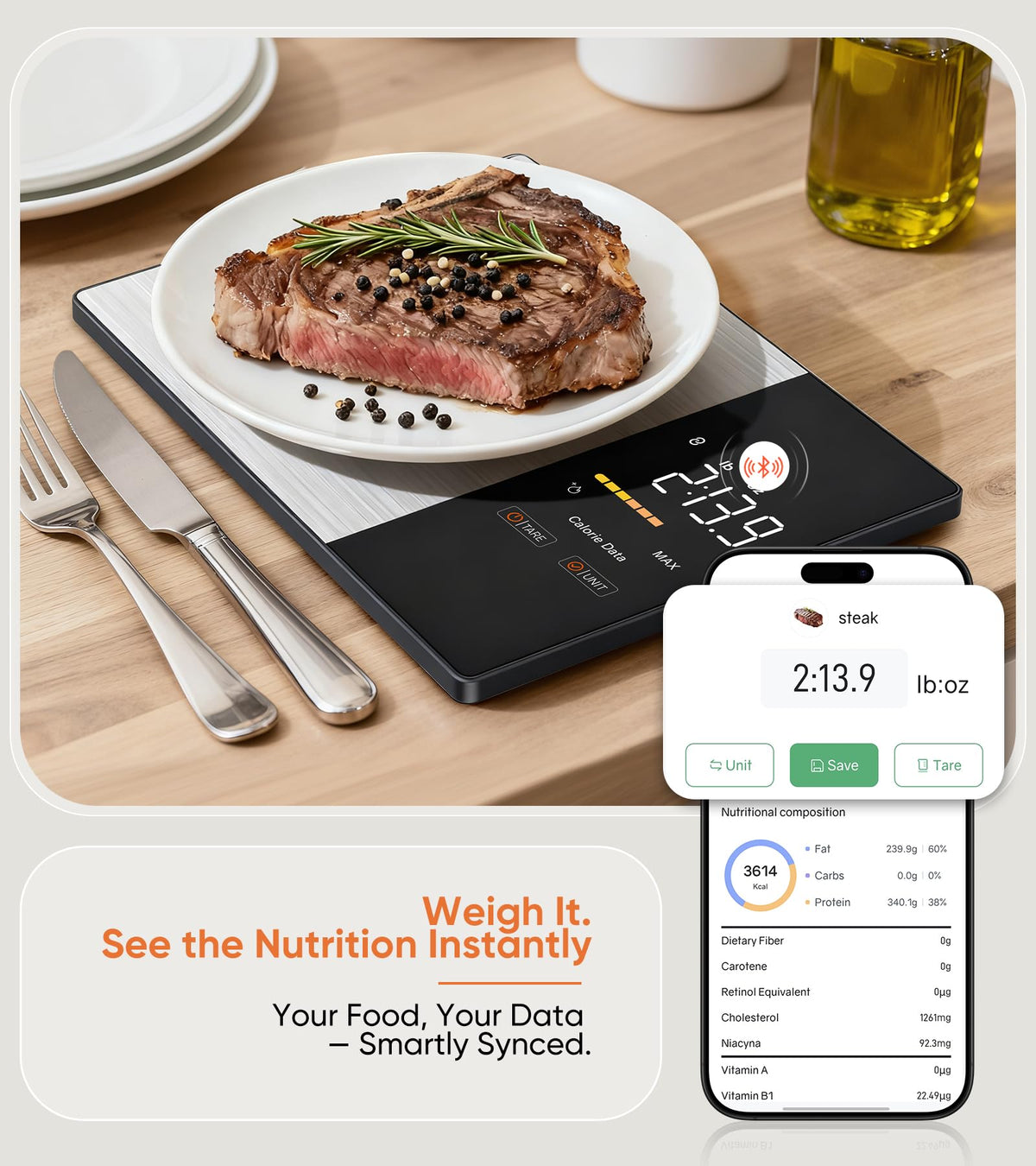 KUAIVO Smart Nutrition Food Scale with LED Display, Tracks Calories, Fat, Carbs & Protein via App, 1g Precision Digital Kitchen Scale for Healthy Eating & Meal Prep