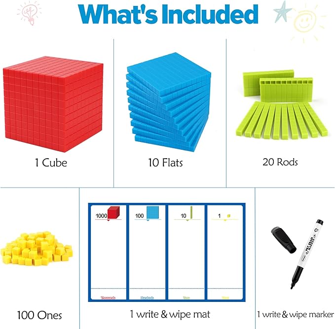 Torlam 131 PCS Base Ten Blocks for Math - Place Value Blocks, Plastic Base 10 Math Manipulatives 1st Grade, Math Counters, Math Cubes, Counting Cubes for Kids Kindergarten Math