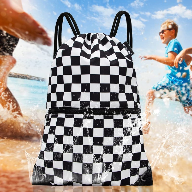 HOLYLUCK Drawstring Backpack Bag Sport Gym Sackpack (Black and white grid)