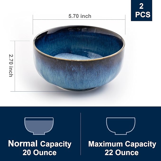 Serving Bowls - 22 Ounce Bowls Set - Ceramic Bowl Set of 2-5.75 inch for Salad, Soup,Cereal Bowls for Kitchen