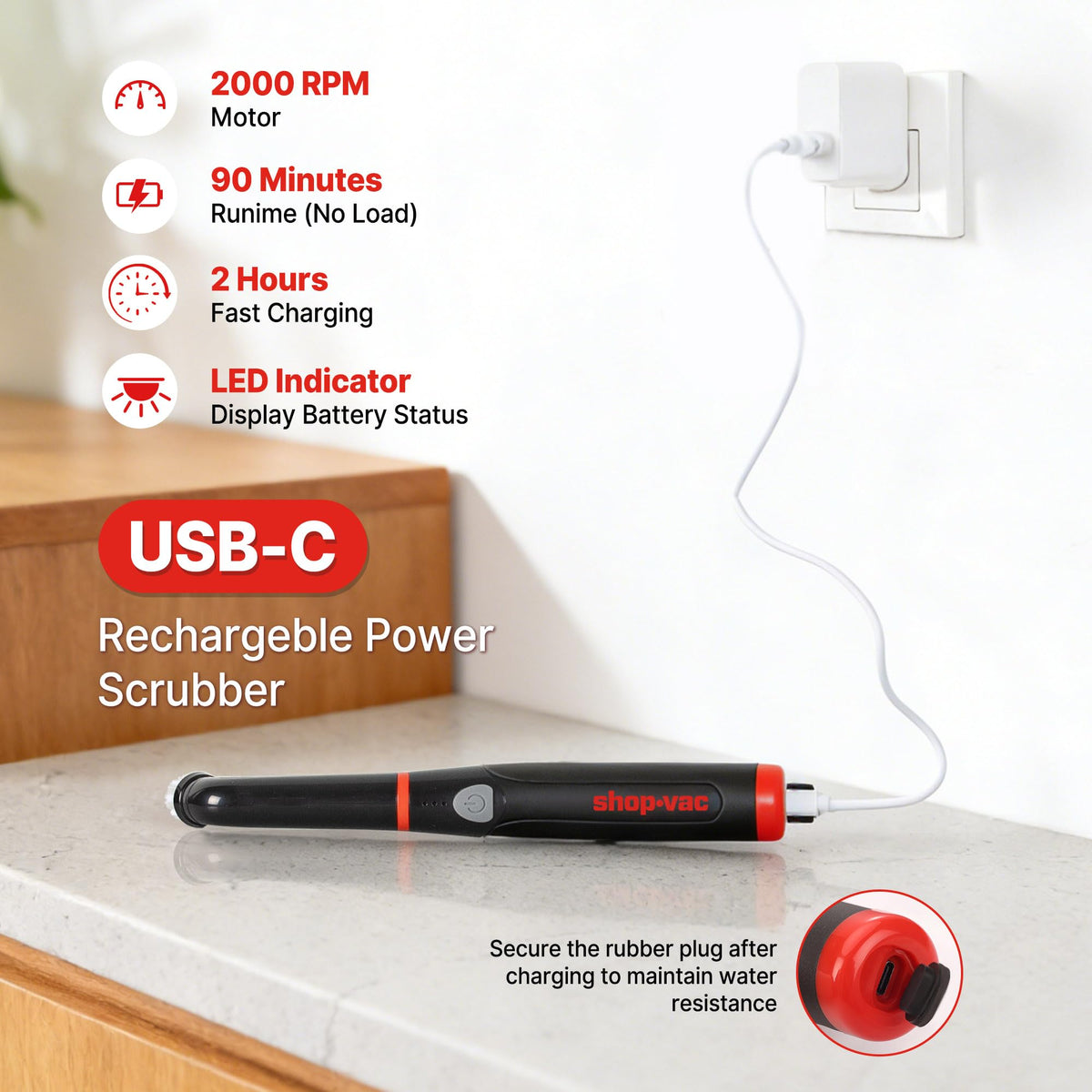 Shop-Vac Electric Spin Scrubber with 2000RPM Motor, 90Min Long Runtime with 5 Replaceable Head, LED Display and IPX6 Waterproof, Cordless Electric Scrubber for Cleaning Grout, Tile, Bathroom, Kitchen