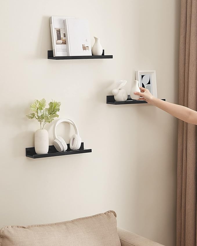 SONGMICS Floating Shelves, Set of 3 Wall Shelves, 15-Inch Wide, for Photo Frames and Trinkets, for Living Room, Home Office, Kitchen, Bathroom, Black ULWS38BK