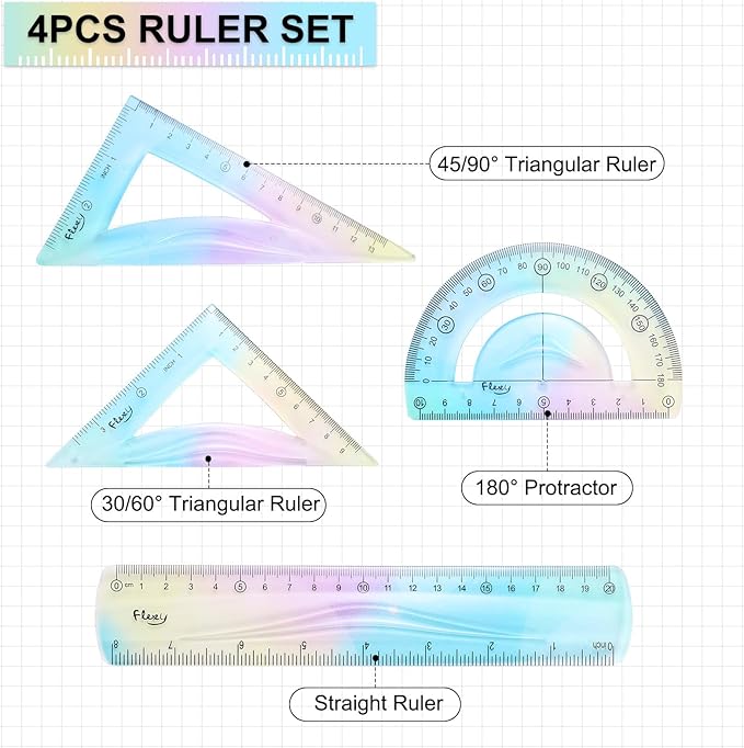 HARFINGTON 4pcs Triangular Ruler Set 20cm Plastic Flexible Straight Metric Soft Bendable Ruler Geometric Protractor Triangle Rulers for Home Office