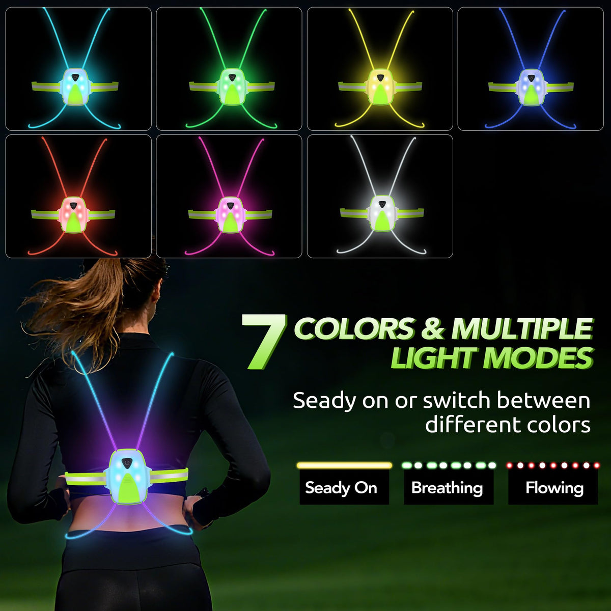 LED Reflective Running Vest Lights for Runners, Running Lights with Front Light, Safety USB Rechargeable Reflective Night Lights For Men/Women Running Walking Cycling, Three Light Modes with 7 Colors