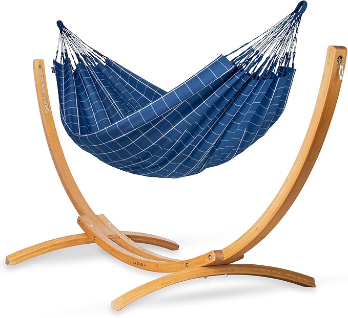 LA SIESTA® - XL King Brisa Classic Hammock & Elipso Stand - Larch Wood Hammock Stand - Weather & Tear Resistant - Backyard Outdoor Hammock with Stand - Family Hammock and Stand - Max 440 Lbs, Marine