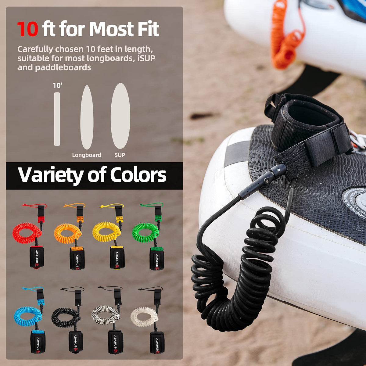 Abahub Coil SUP Leash,10 ft Coiled Paddle Board Leashes,7mm Legrope Strap