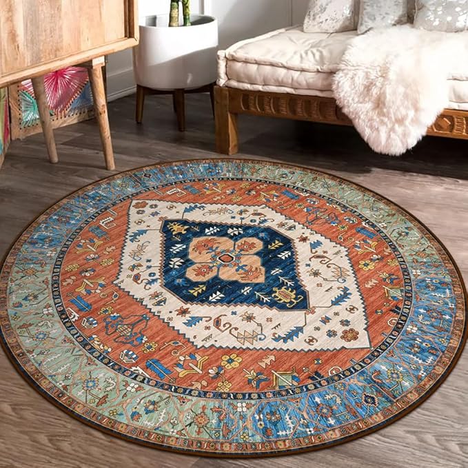 Lahome Boho Washable 3Ft Round Area Rug, Non-Slip Throw Untra-Thin Small Round Carpet, Oriental Vintage Distressed Circle Rug for Bathroom Bedroom Kitchen Office Sofa, 3x3/Rust