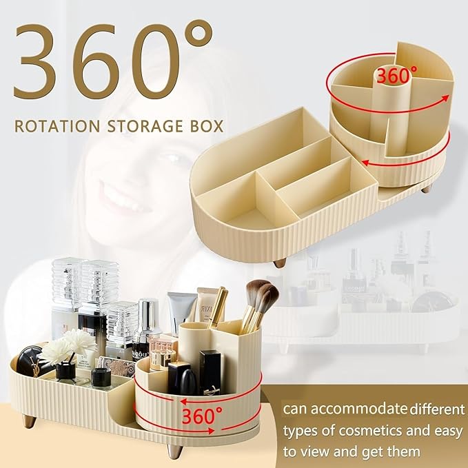 Rotating Cosmetic Organizer, Plastic Countertop Makeup Organizer with Makeup Brush Holder, Large Capacity Cosmetic Display Case, Countertop Makeup & Perfume Organizer with 9 Partitions (White)