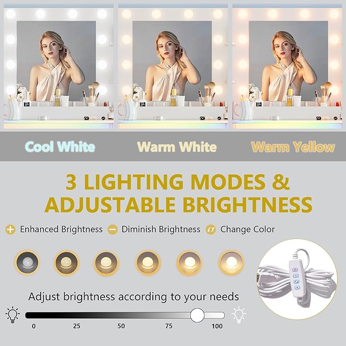 Vanity Desk with Mirror and Lights, 43'' White Makeup Dressing Table Set with 5 Drawers & Chair, Power Outlet, 3 Lighting Modes Adjustable Brightness & RGB LED for Women Girls Bedroom Bathroom