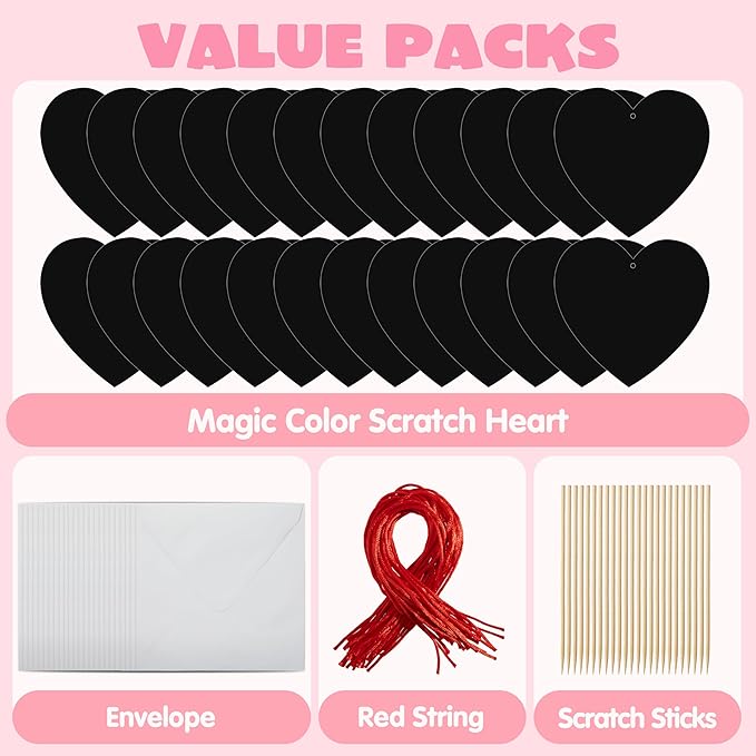 JOYIN 24 Packs Valentines Day Cards with Scratch Heart Paper, Magic Color Heart Rainbow Scratch Cards for Kids Crafts and Art Classroom Exchange, Valentine's Party Favors
