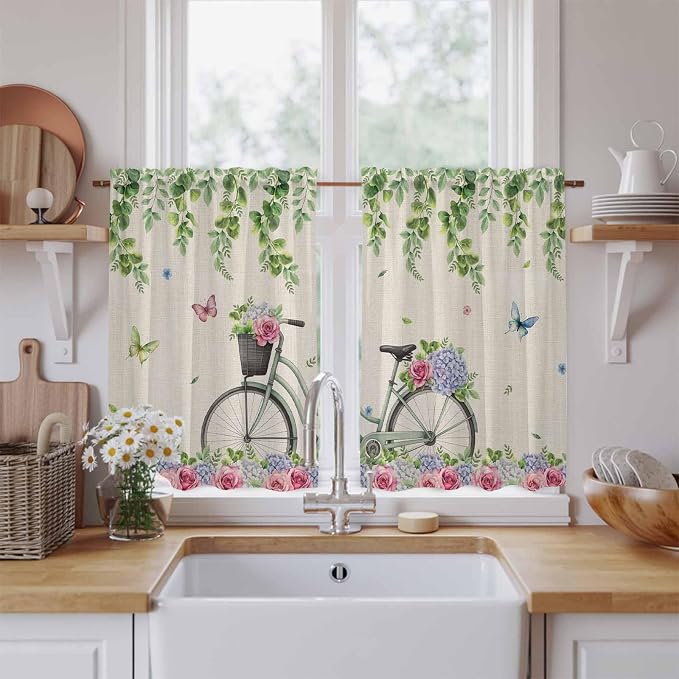 Farmhouse Spring Kitchen Curtains, Retro Bicycles Flowers Vines Butterfly Light