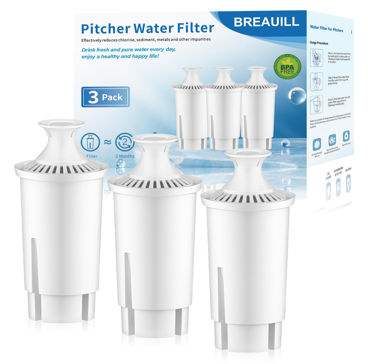 BREAUILL Water Filter Replacement Compatible with Brita Pitchers and Dispensers, Water Filter by BREAUILL NSF Certified Water Pitcher Filter Compatible with Brita, Classic OB03, Mavea 107007(3 PCS)